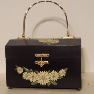 Black Floral Jewelry Box Handbag with Gold Handle